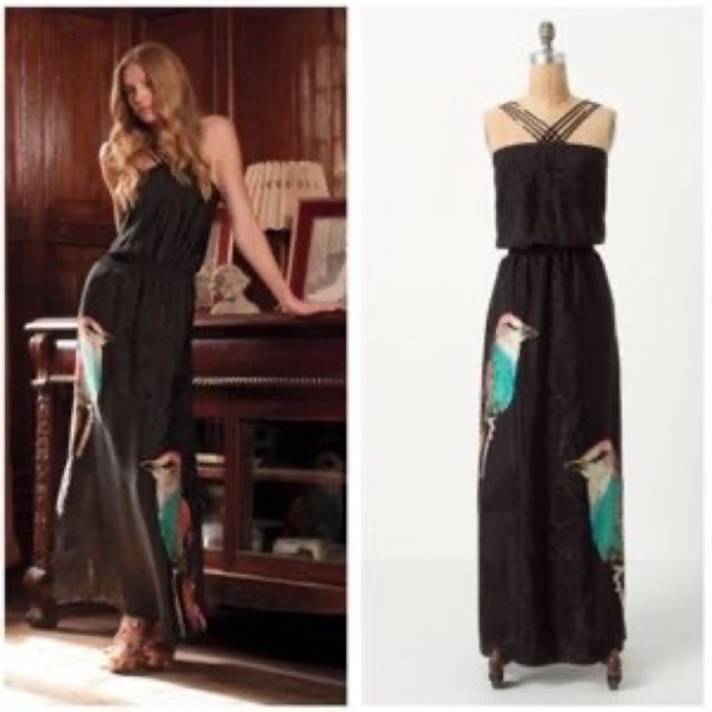 ANTHROPOLOGIE Leifsdottir Corvida Bird Print Silk Maxi Dress